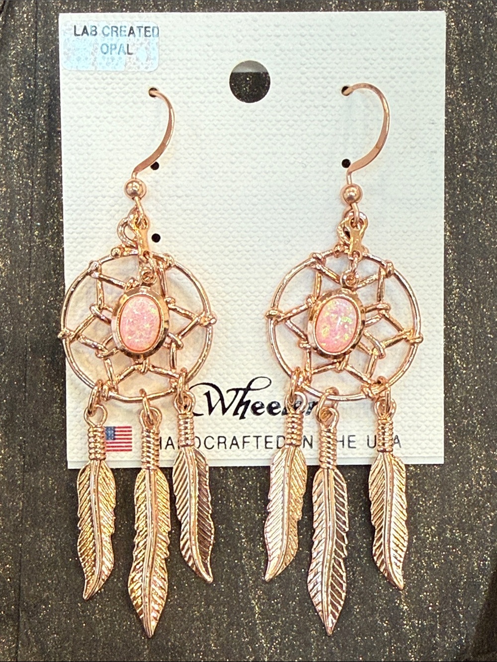 Rose Gold Dreamcatcher Earrings with Pink Opal
